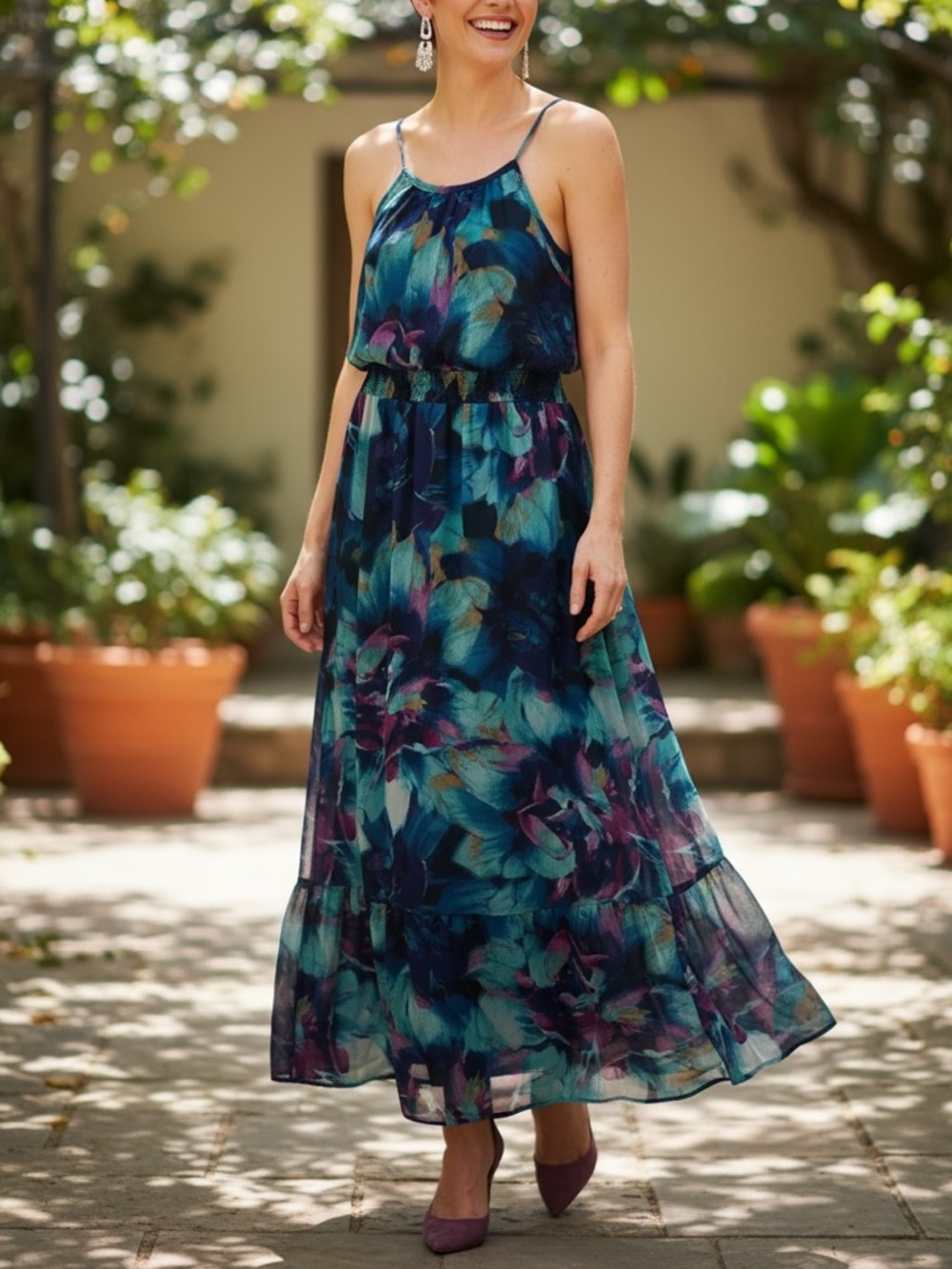 a.n.a Teal & Navy Floral Maxi Dress with Spaghetti Straps Size M